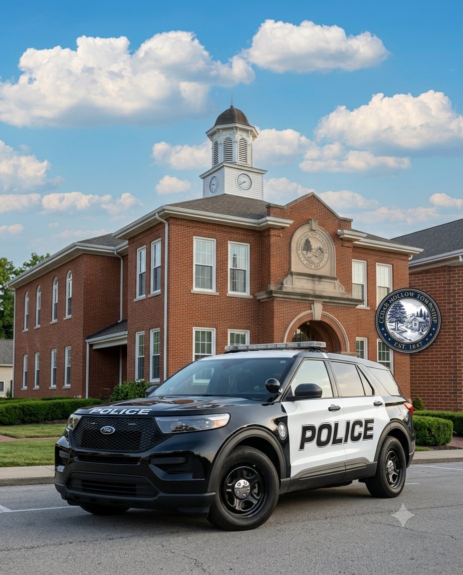 Police cruiser in front of the Cedar Hollow station