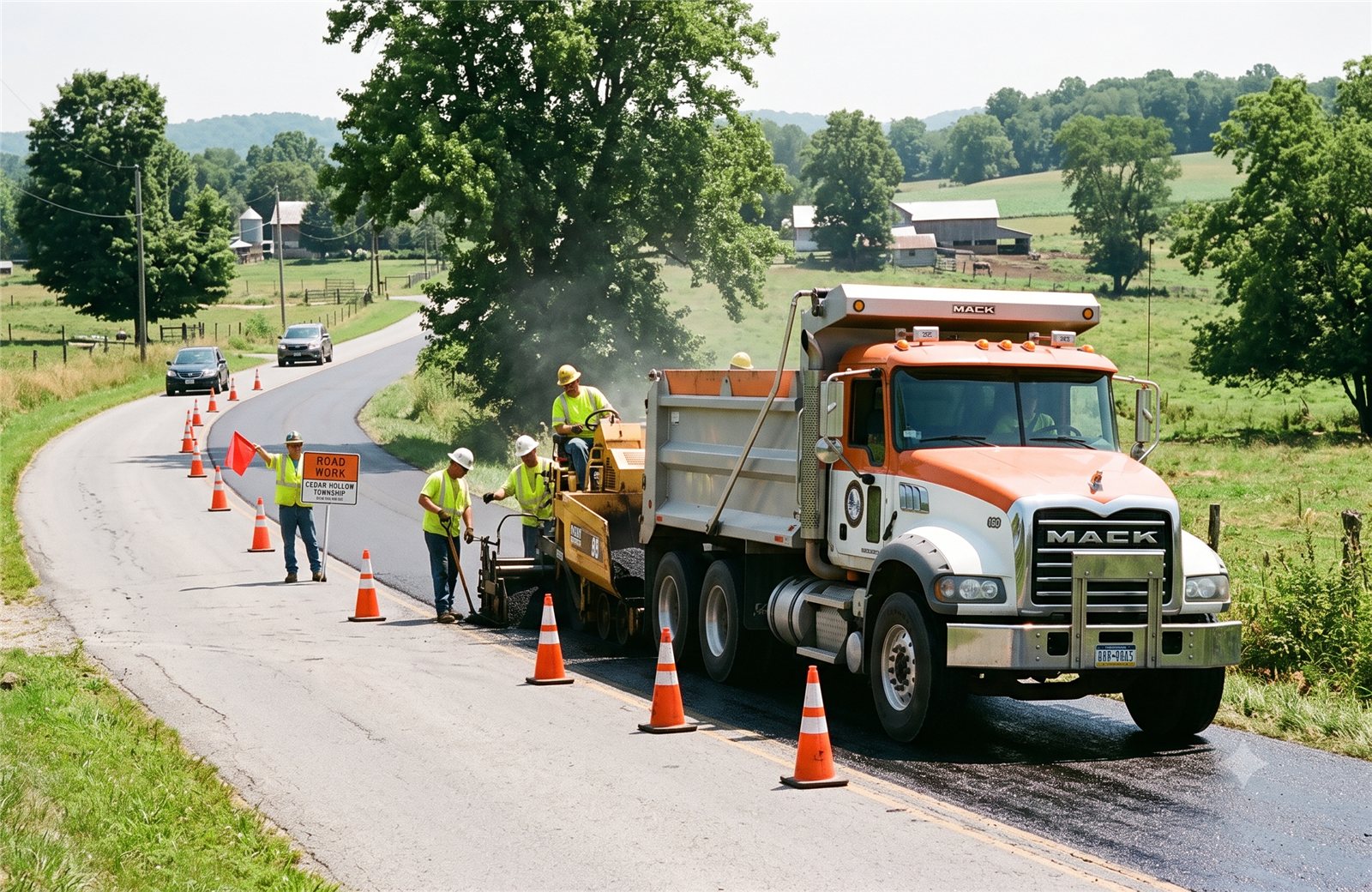 Township road crew resurfacing a rural road